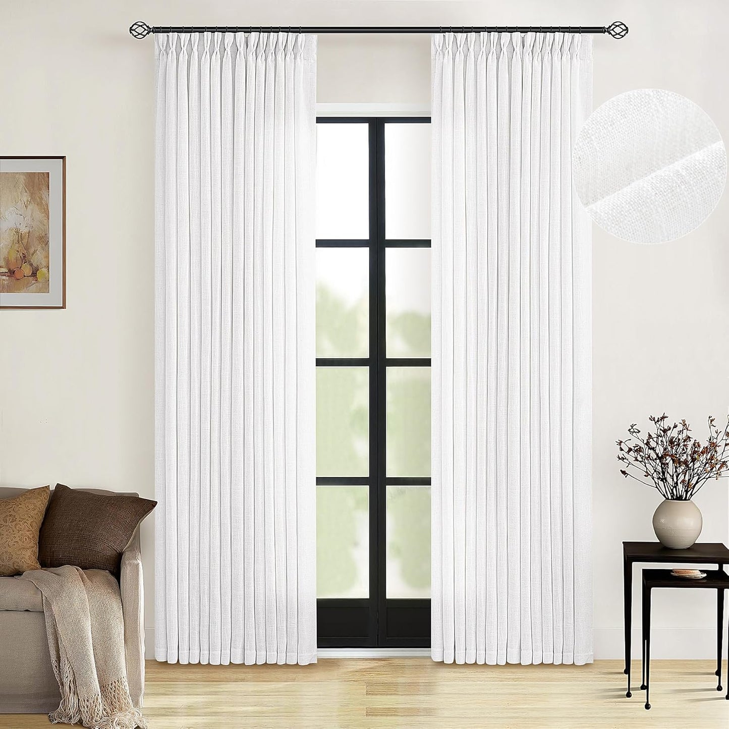 Elegant White Linen Pinch Pleated Curtains for Living Room