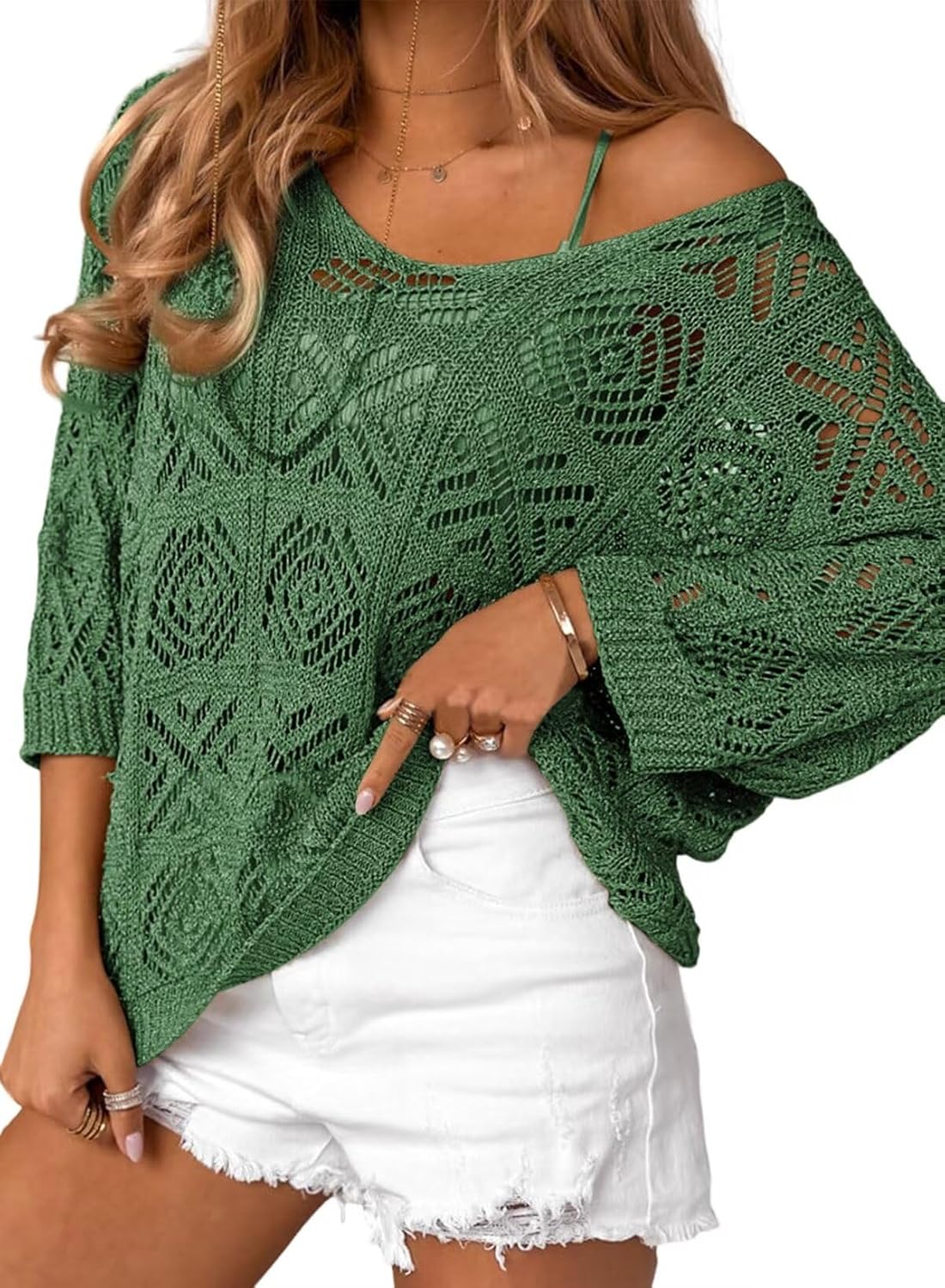Dokotoo Women's Crochet Hollow Out Off Shoulder Pullover Sweater