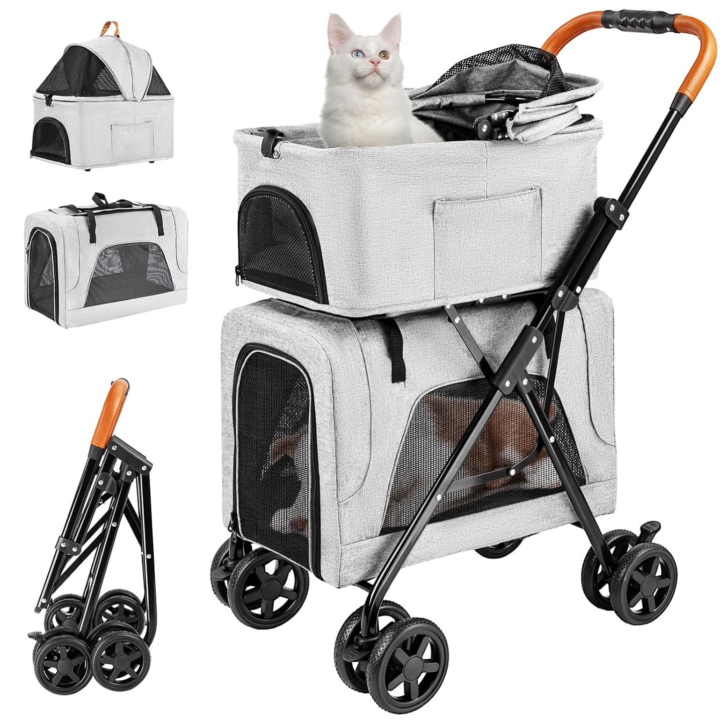 Double Pet Stroller with Detachable Carrier for Small Dogs