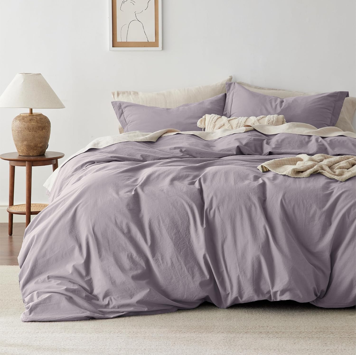 Bedsure 100% Washed Cotton Duvet Cover King Size in Lavender