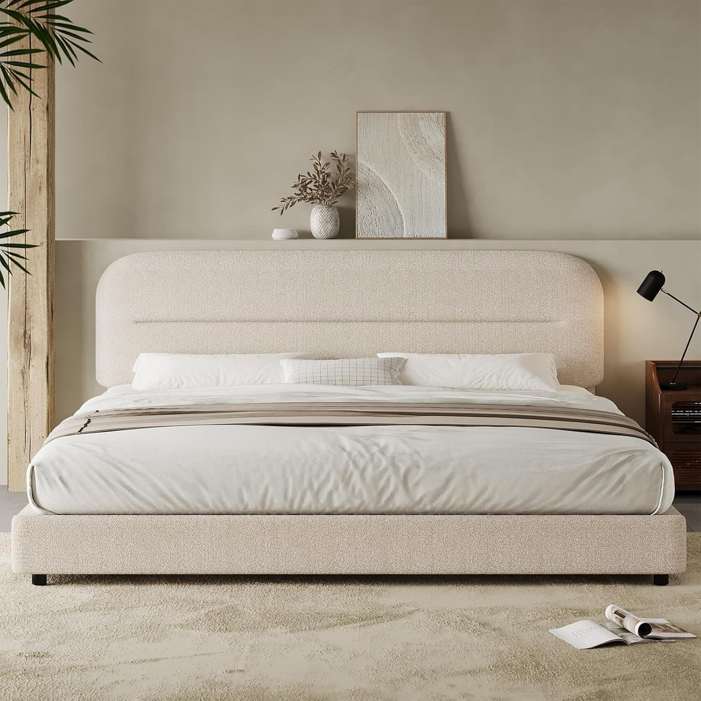 King Size Boucle Bed Frame with Soft Upholstered Design