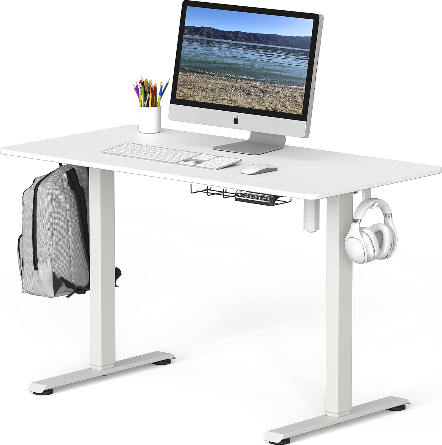 SHW 48-Inch Electric Sit-Stand Desk, White, Cable Management