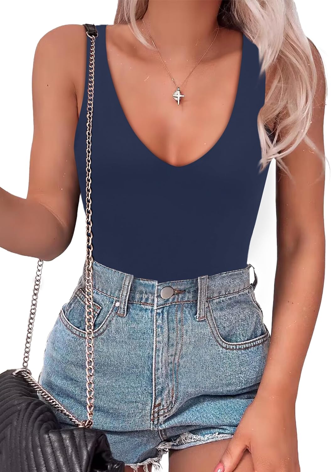 SAUNGKUAI Womens Bodysuit with Plunge Deep V Neck Design