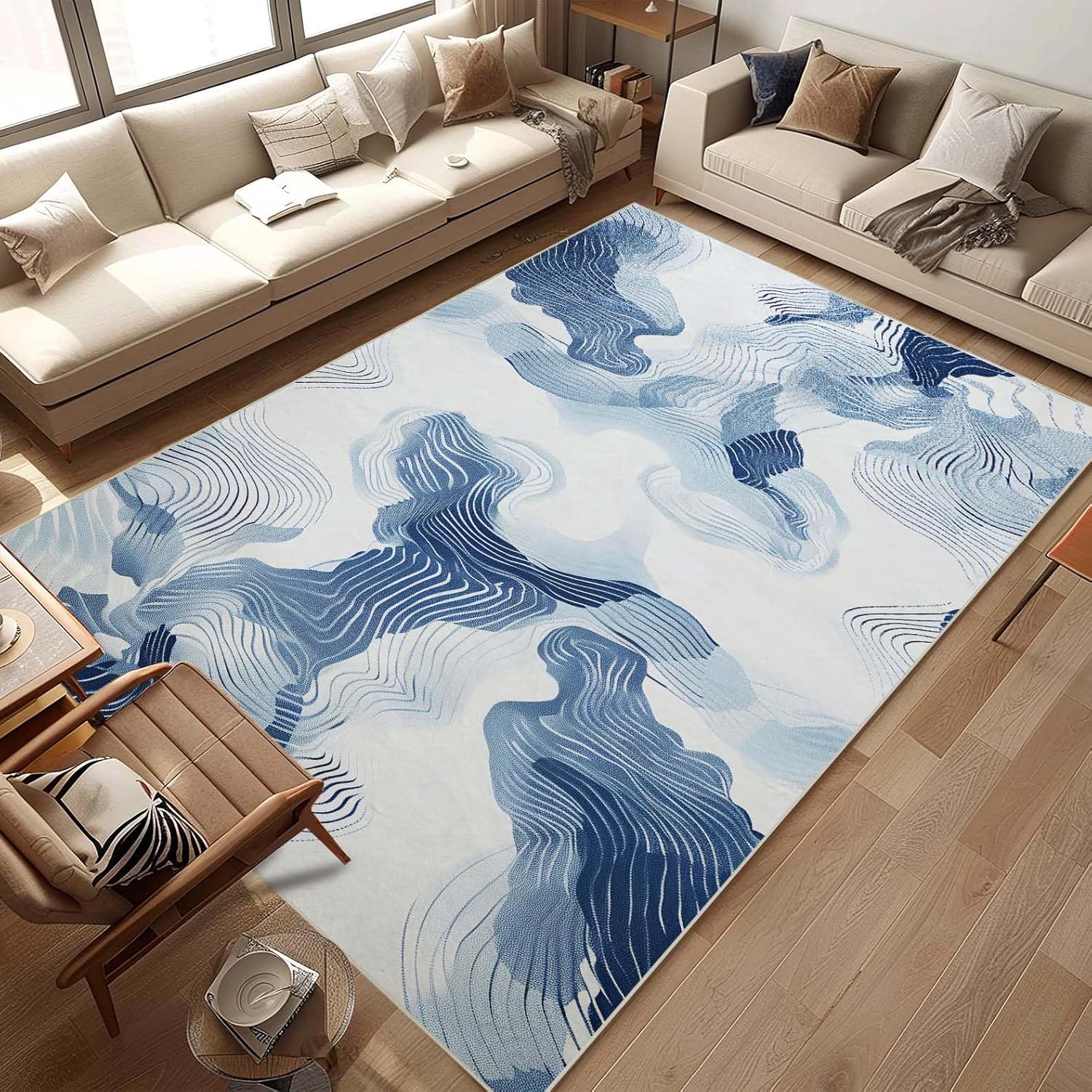 Blue White Abstract 4x6 Rug - Stain Resistant & Non-Slip!