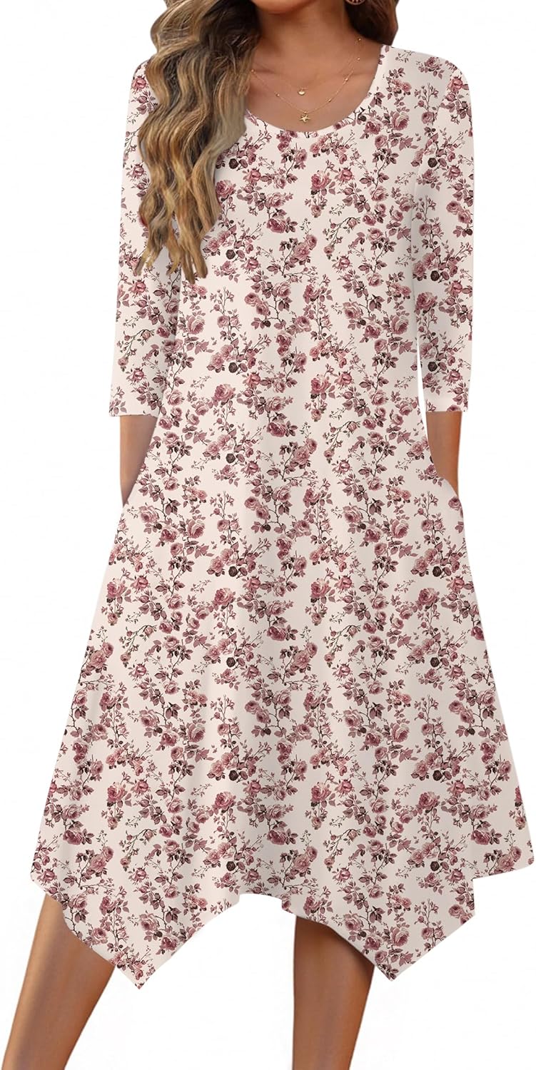Zeagoo Midi Women 3/4 Sleeve Dress with Pockets for All Occasions