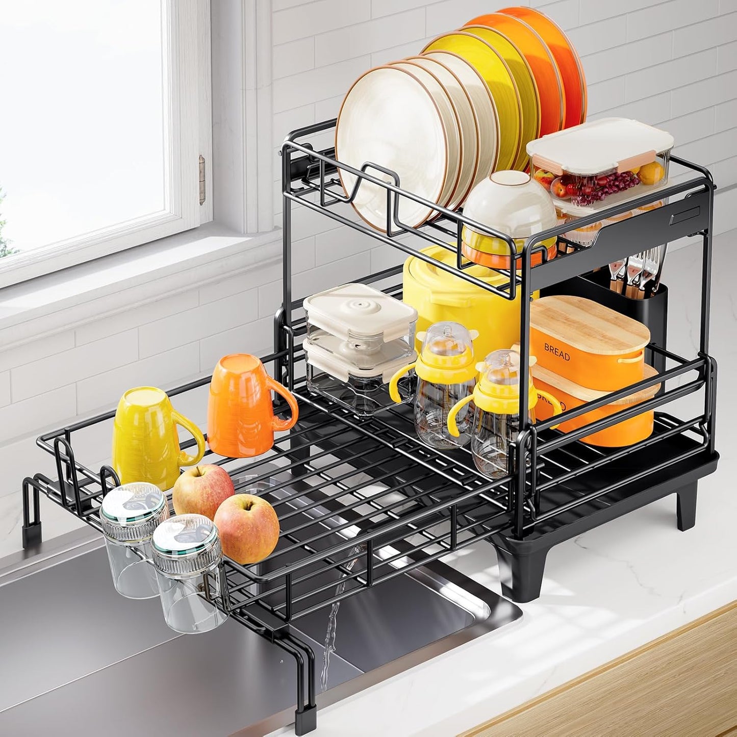 Extendable Dish Drying Rack for Kitchen - Large 2 Tier Design