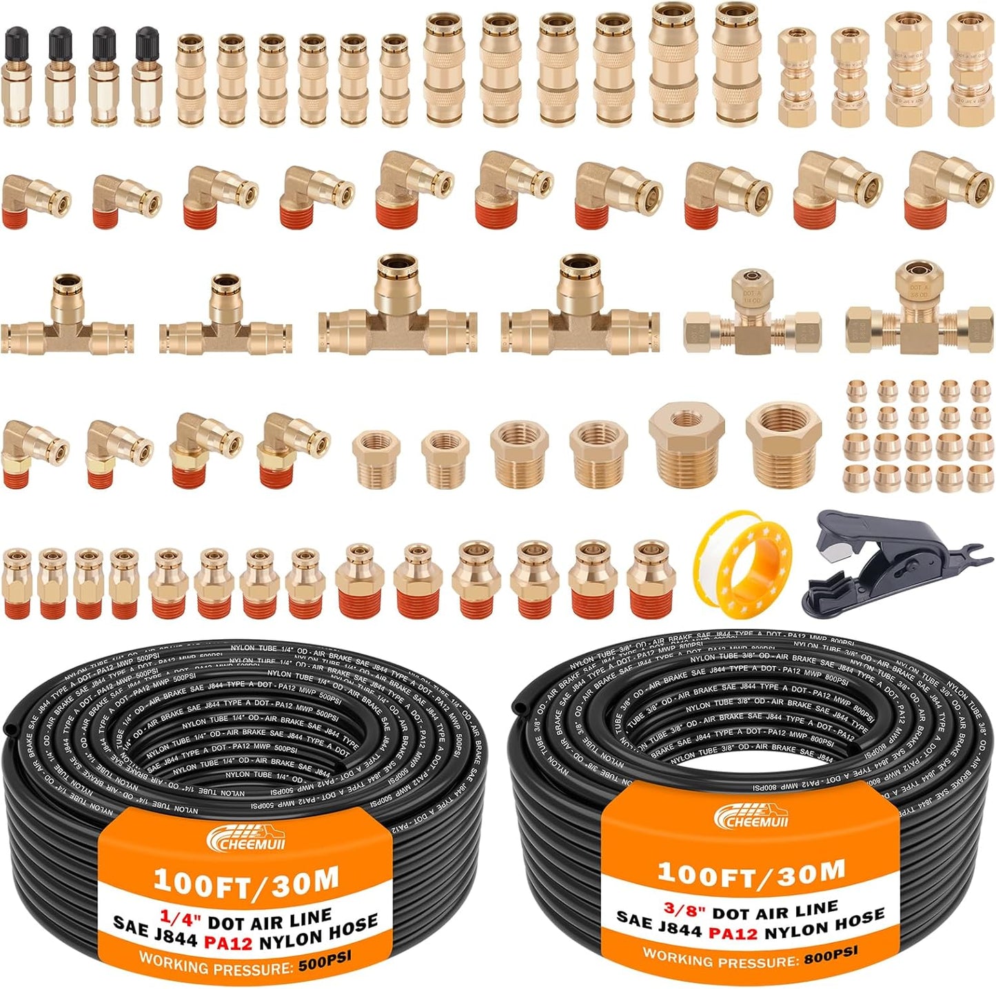 CheeMuii 80 PCS Brass DOT Air Line Fittings with 100FT Tubing
