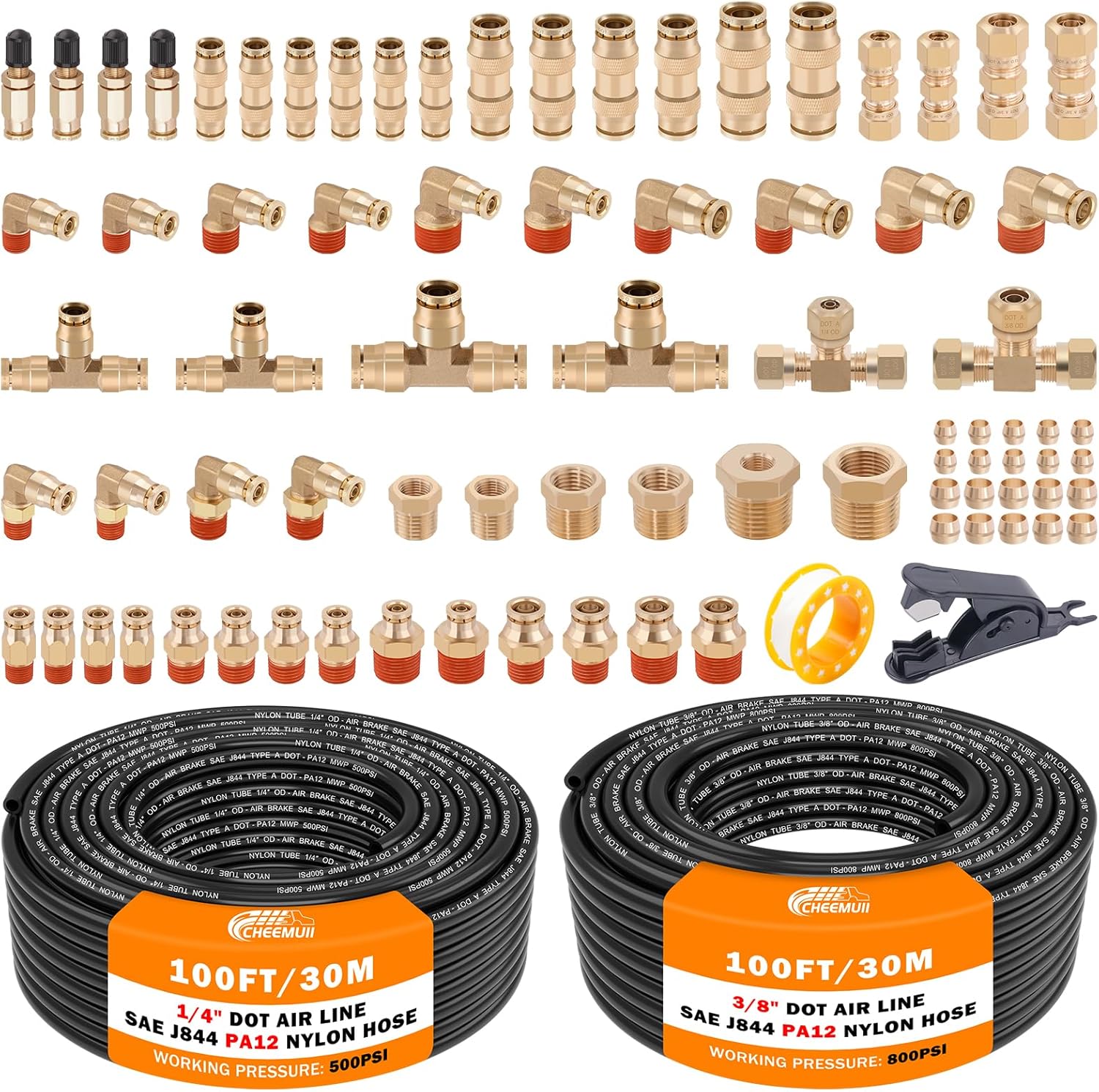 CheeMuii 80 PCS Brass DOT Air Line Fittings with 100FT Tubing
