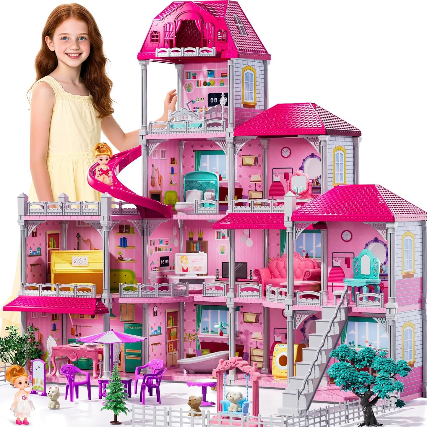 Villa Playset for Girls Ages 3-7 with 4 Storeys and Dolls