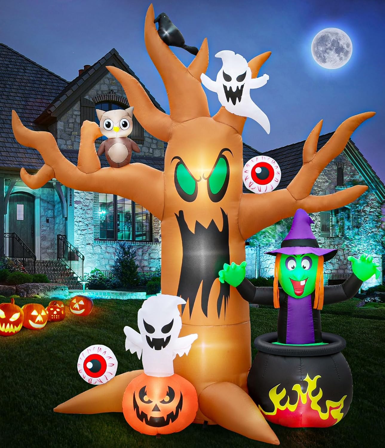 8FT Halloween Inflatable Tree with Ghosts, Pumpkins, and Lights