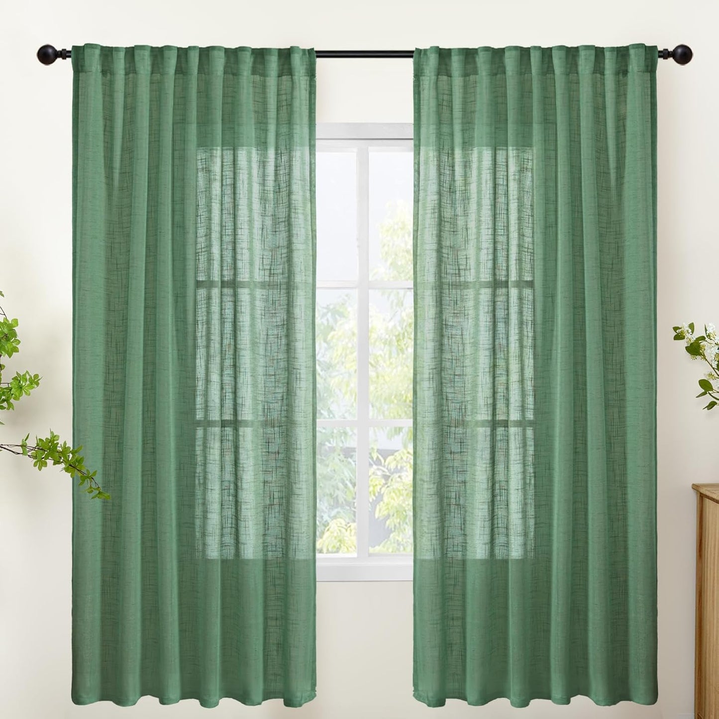 YoungsTex Green Linen Semi Sheer Curtains for Cozy Living Room