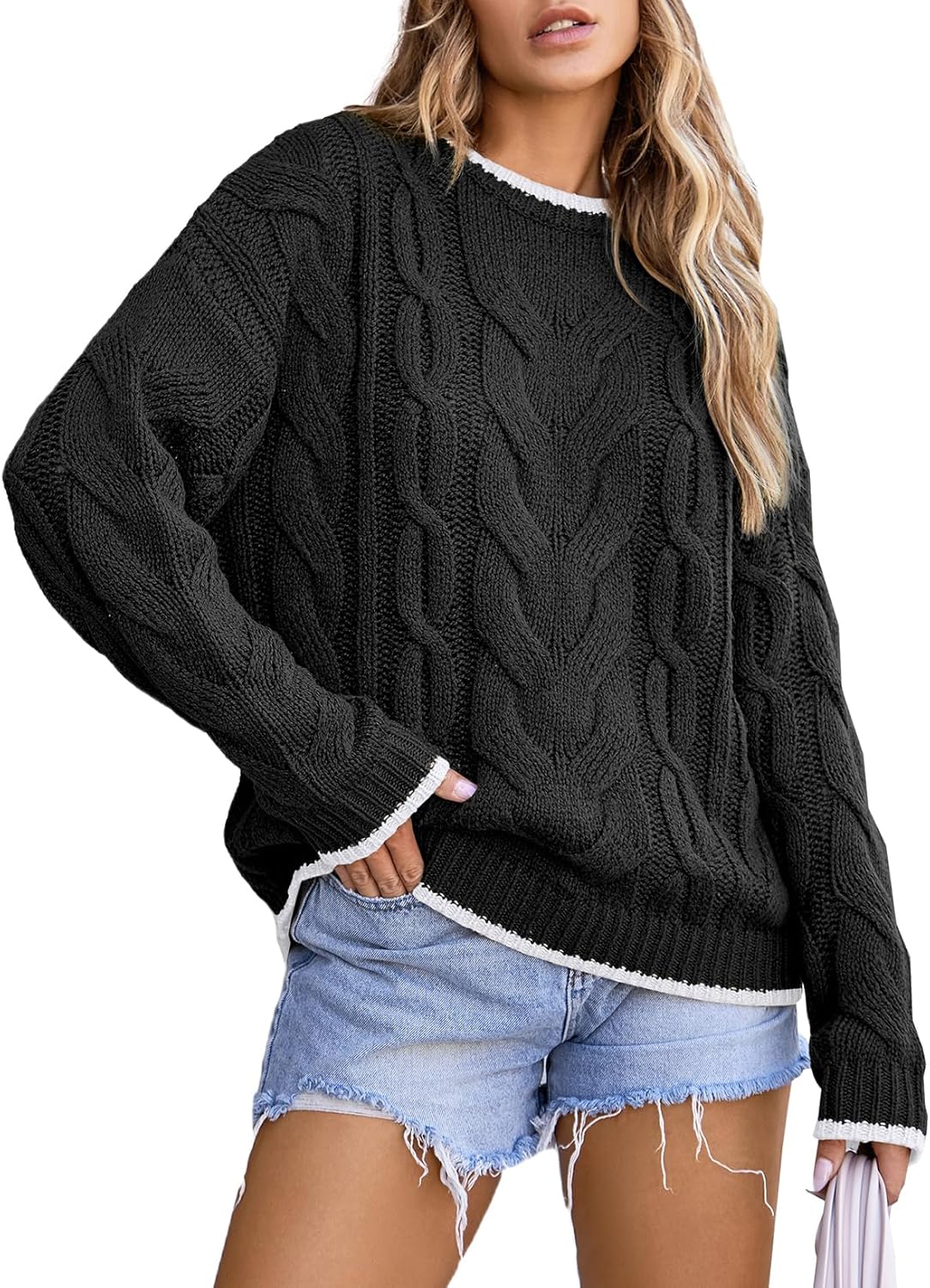 Trendy Crewneck Long Sleeve Color Block Sweater for Women