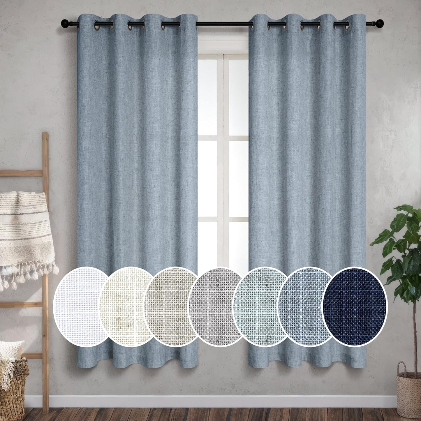 Blue Sheer Curtains for Living Room - Semi Blackout Linen Panels