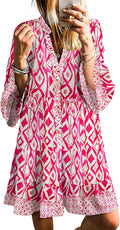 SELINK Womens V Neck Tribal Print Boho Mini Dress - Flowy Summer Style