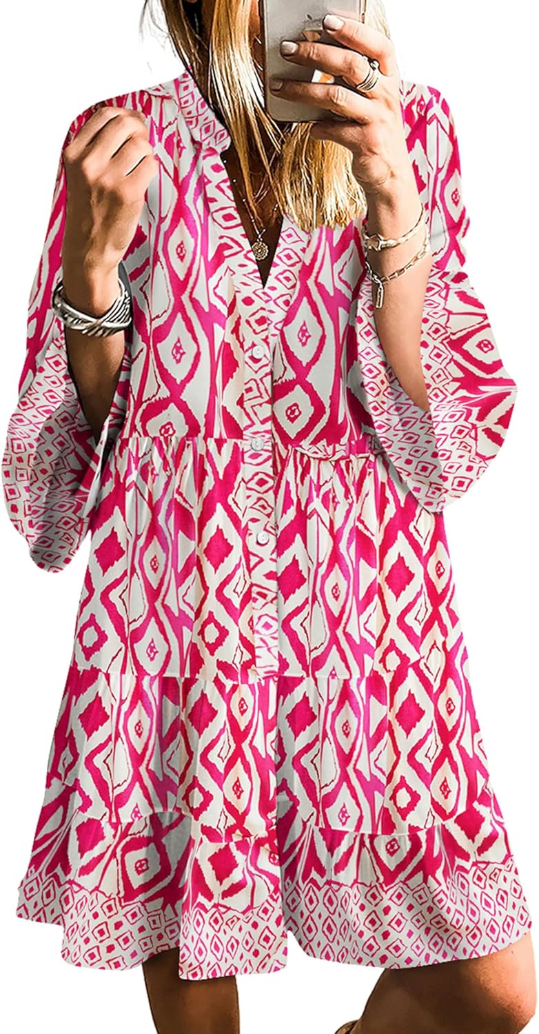 SELINK Womens Long Sleeve Casual V Neck Tribal Print Dress