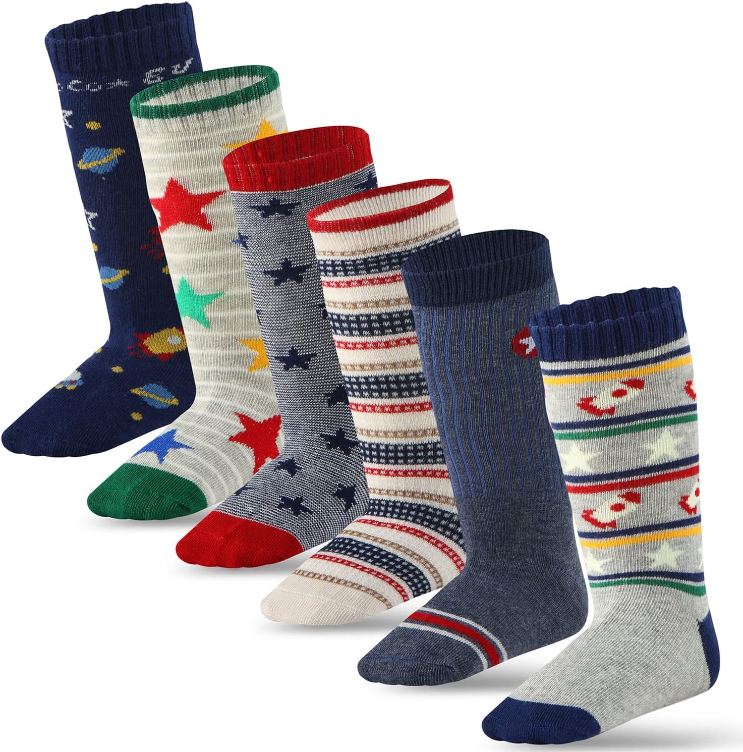 6 Pairs Non-Slip Toddler boy Knee-High Socks by Cottock