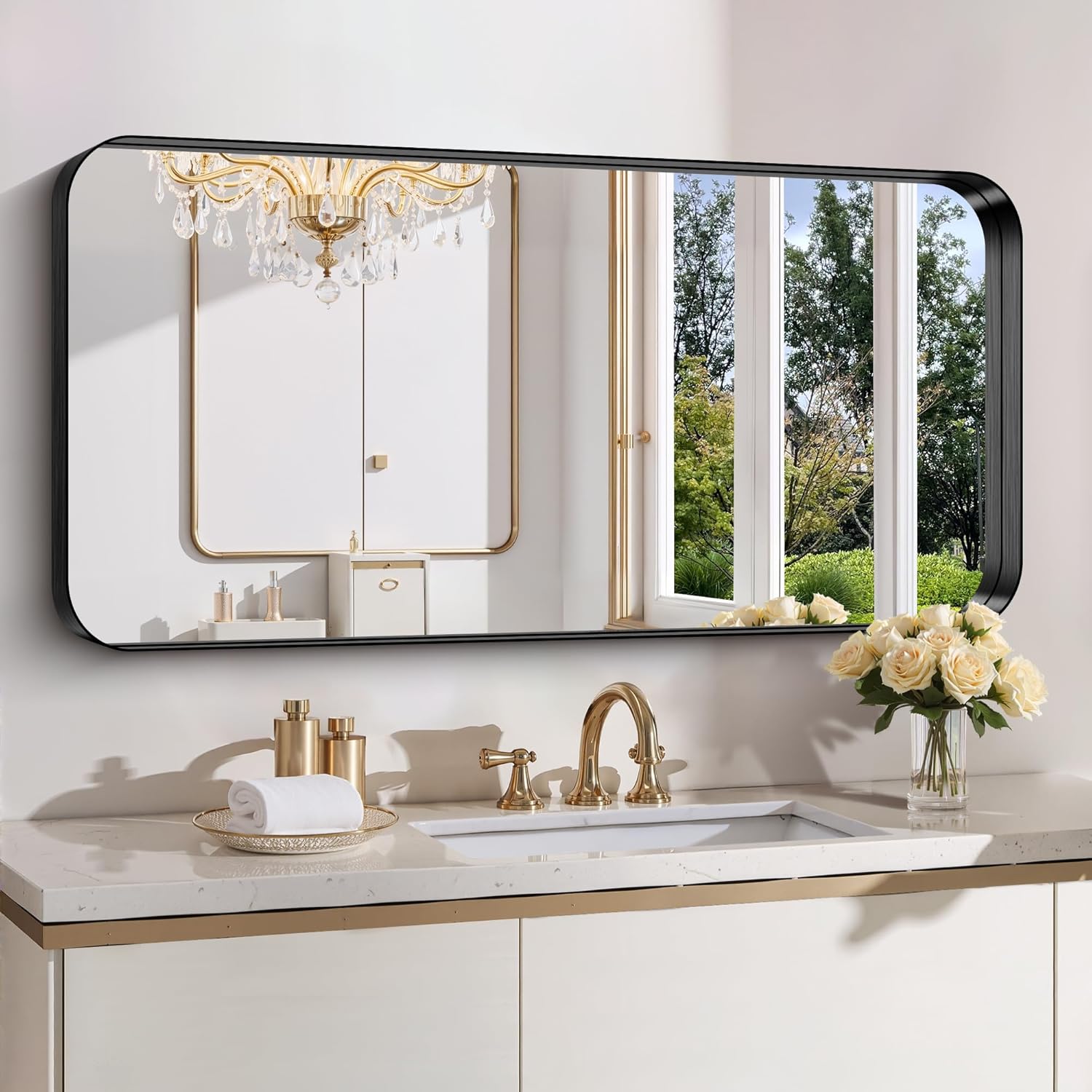 FORBATH 24x48 Inch Bathroom Mirror with Brushed Black Frame