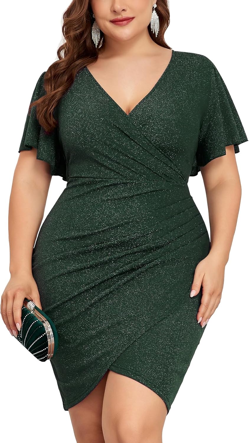 Plus Size Sparkly Glitter Ruched Bodycon Mini Dress for Parties