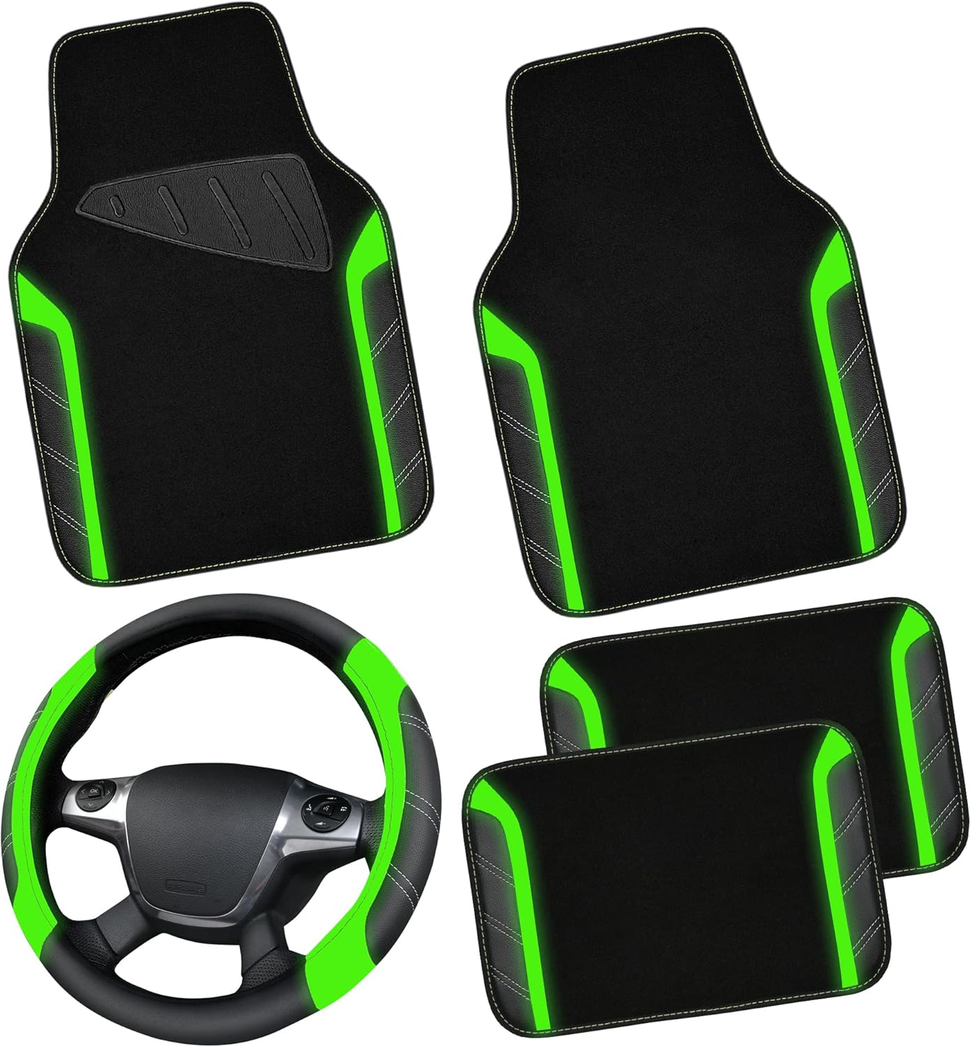 CAR PASS Leather Steering Wheel Cover & Waterproof Floor Mats