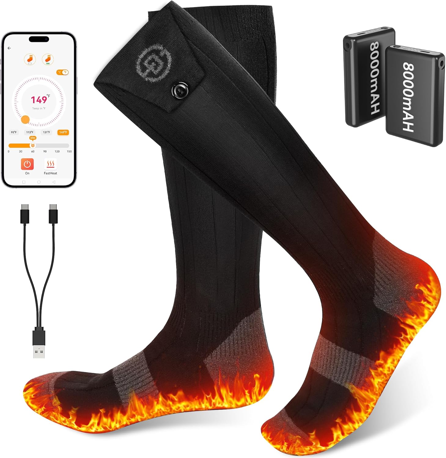 Heated Socks for Men Women with App Control and 8000mAh Battery