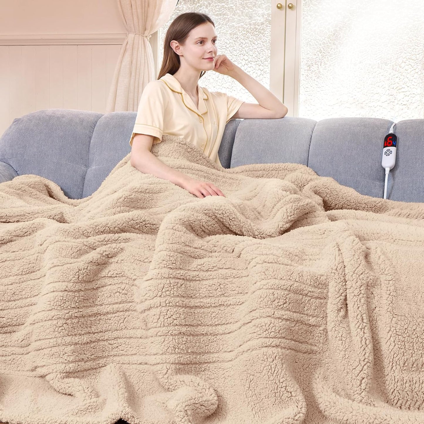 Heated Blanket Full Size 72inX84in Beige - Soft Sherpa Comfort