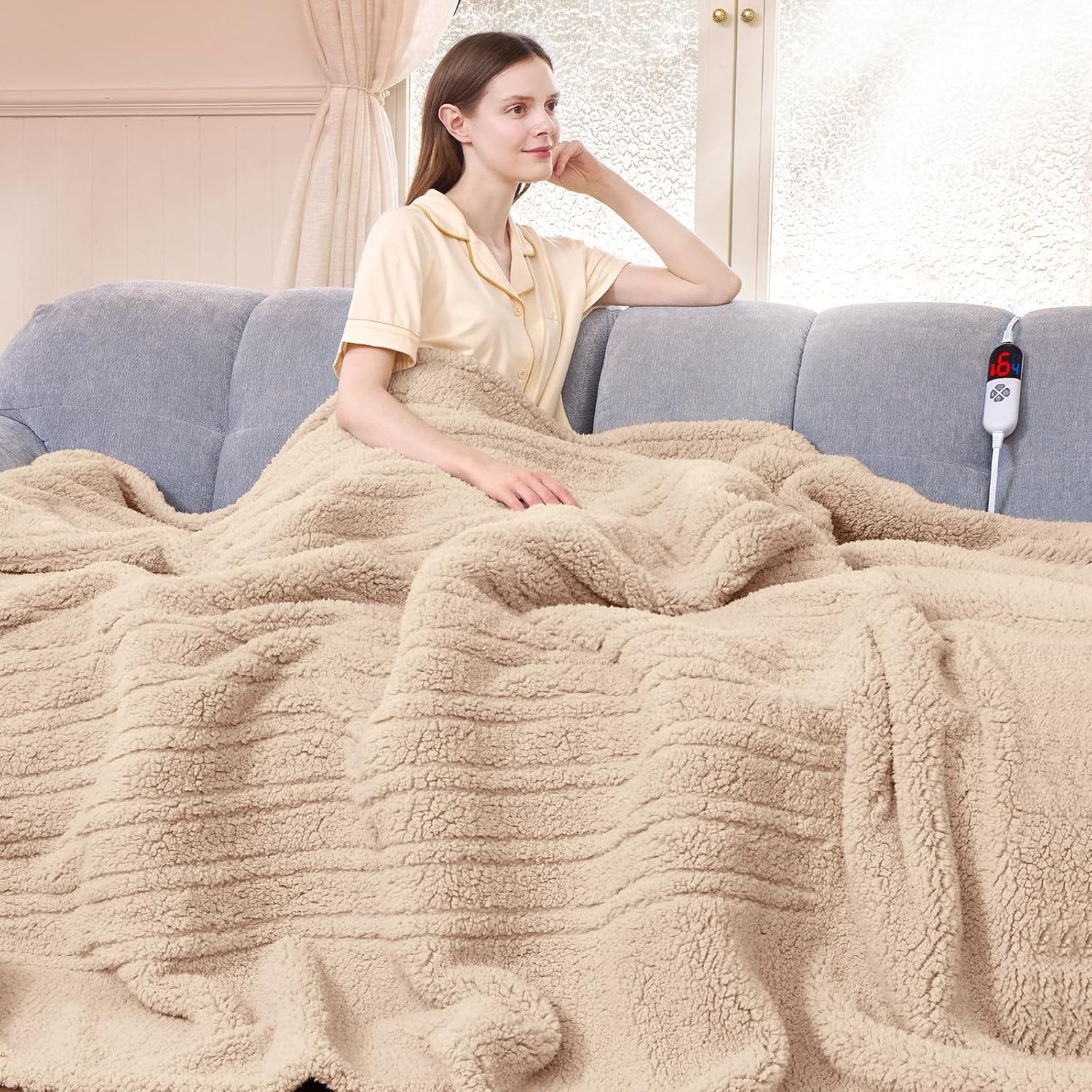 Heated Blanket Full Size 72inX84in Beige - Soft Sherpa Comfort