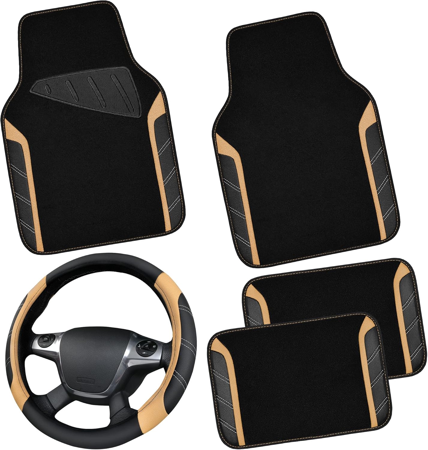 CAR PASS Microfiber Steering Wheel Cover and Floor Mats Combo