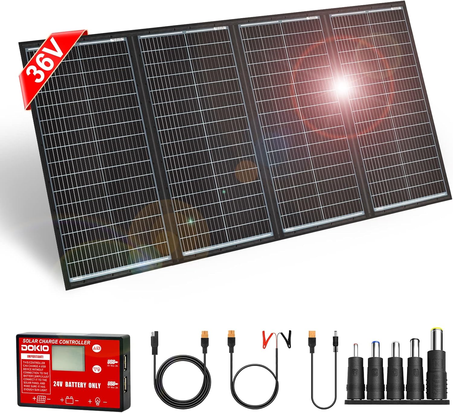 DOKIO 300W Portable Folding Solar Panel Kit for 24V Batteries
