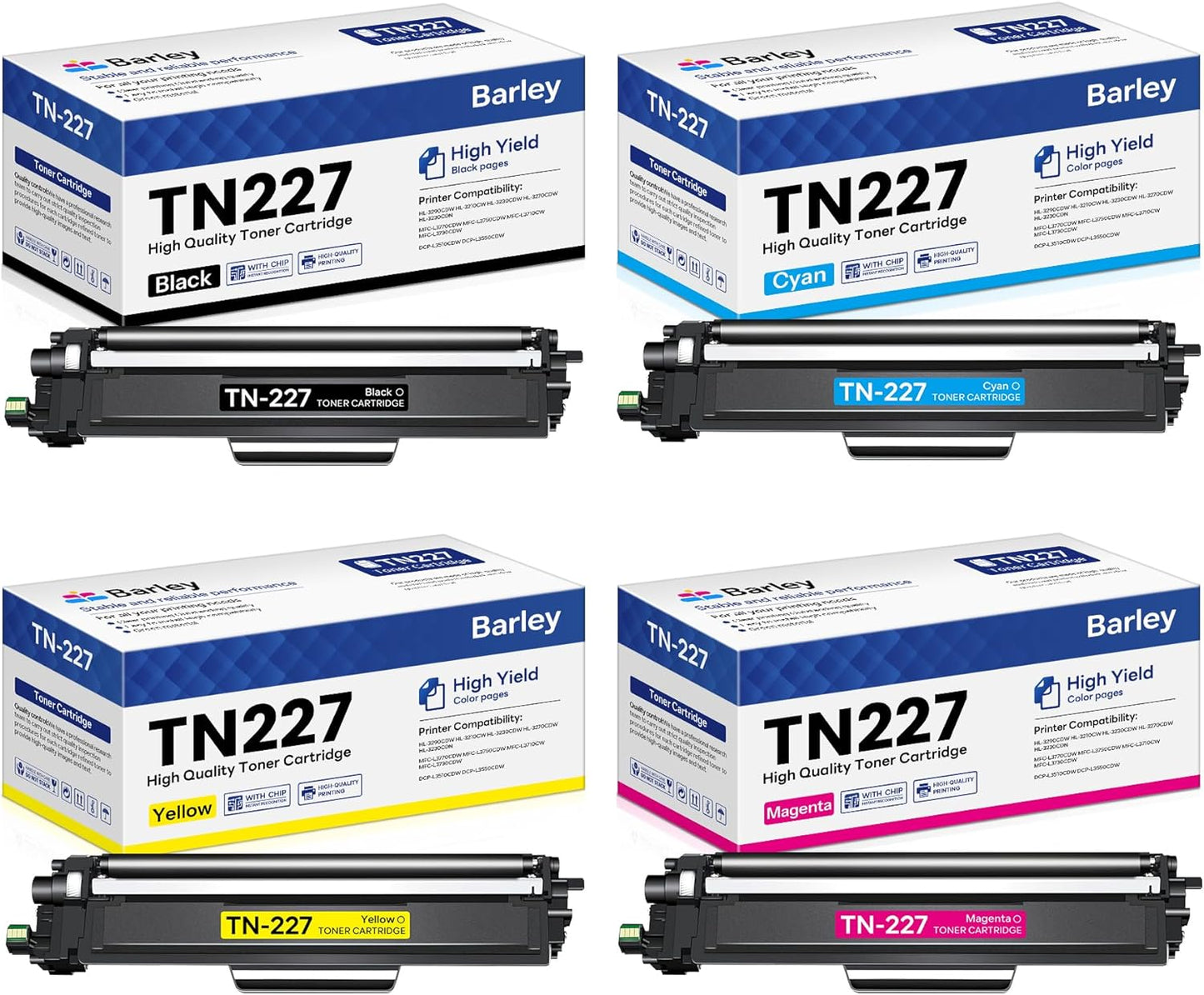 High Yield TN-227 Toner Cartridge 4 Pack for Brother Printers