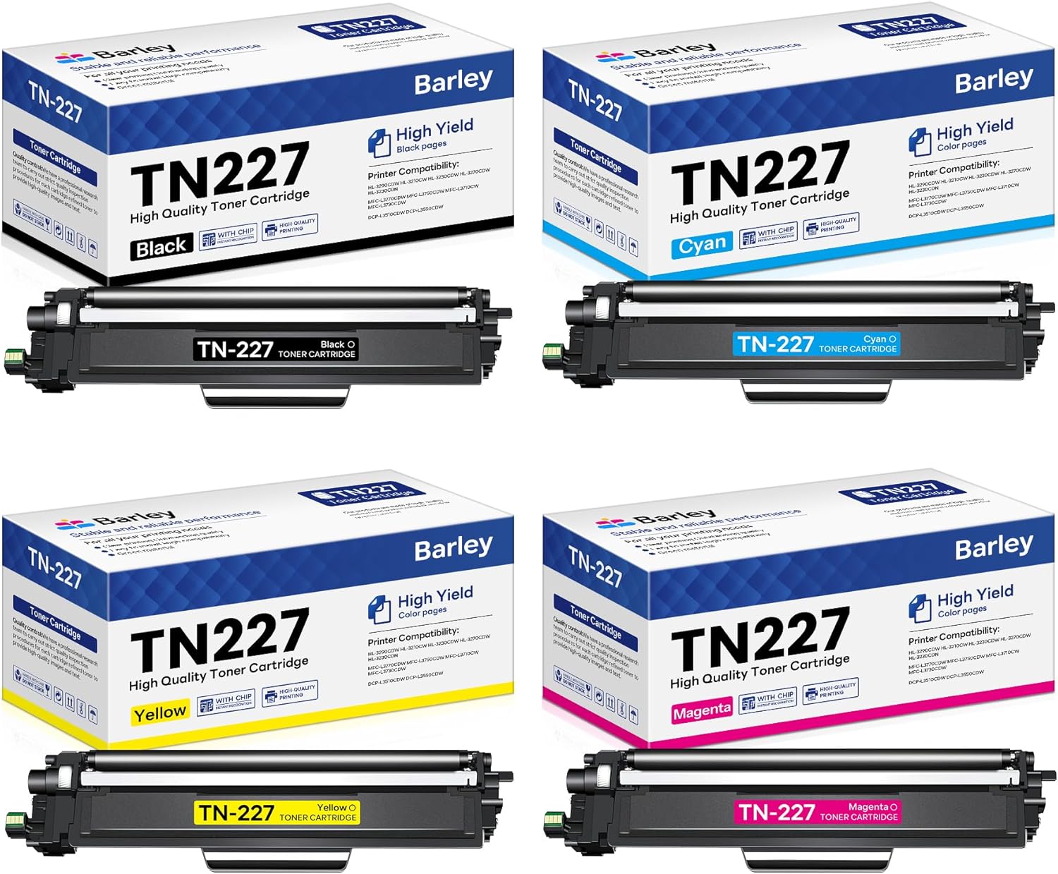 High Yield TN-227 Toner Cartridge 4 Pack for Brother Printers