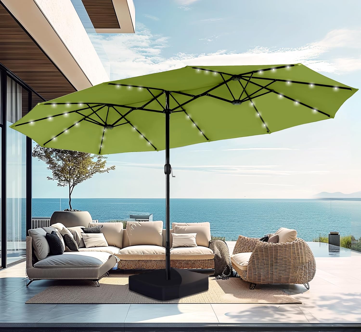 PHI VILLA 15 ft Outdoor Patio Umbrella with Solar Lights