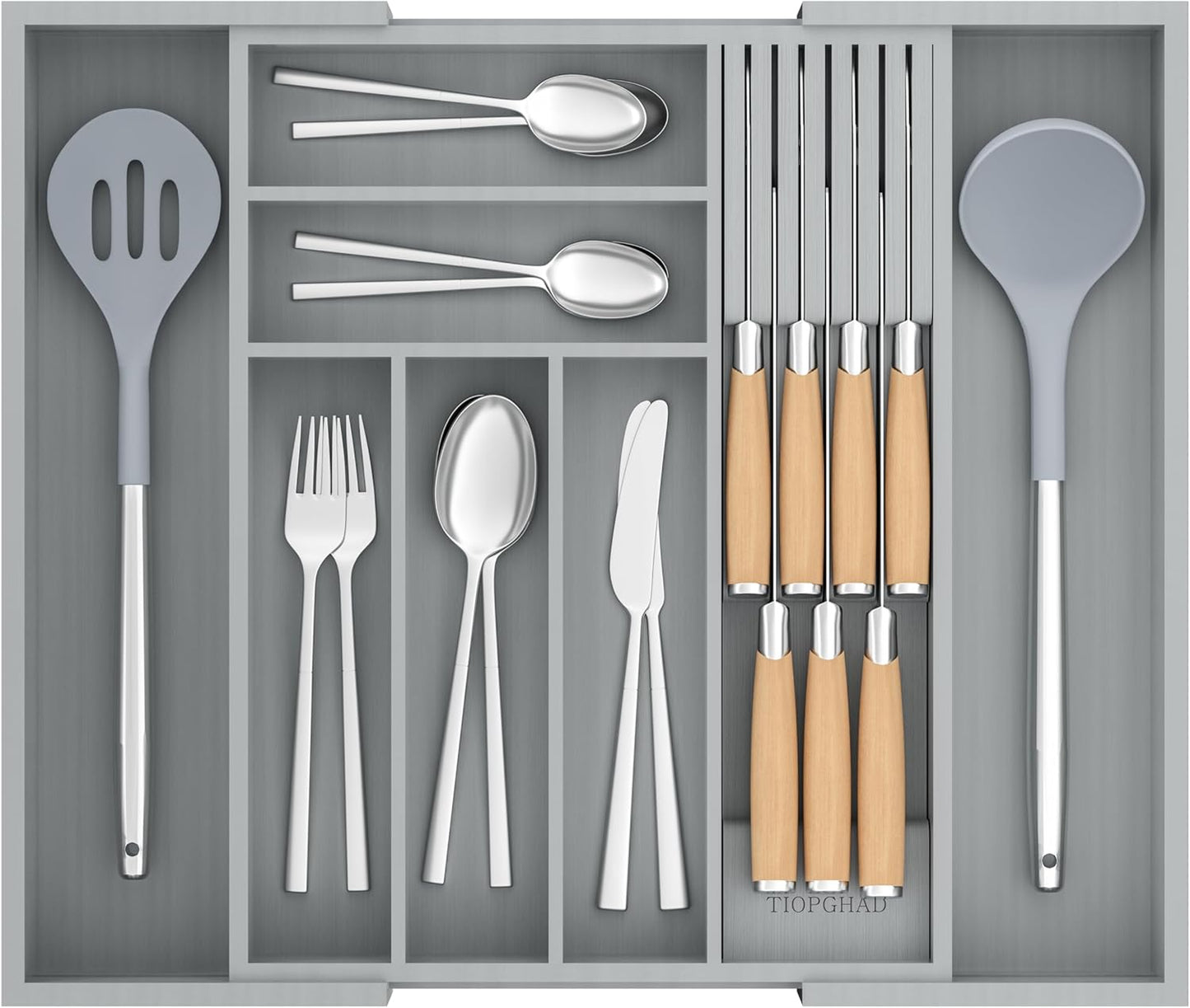 Bamboo Silverware Drawer Organizer with Detachable Knife Rack