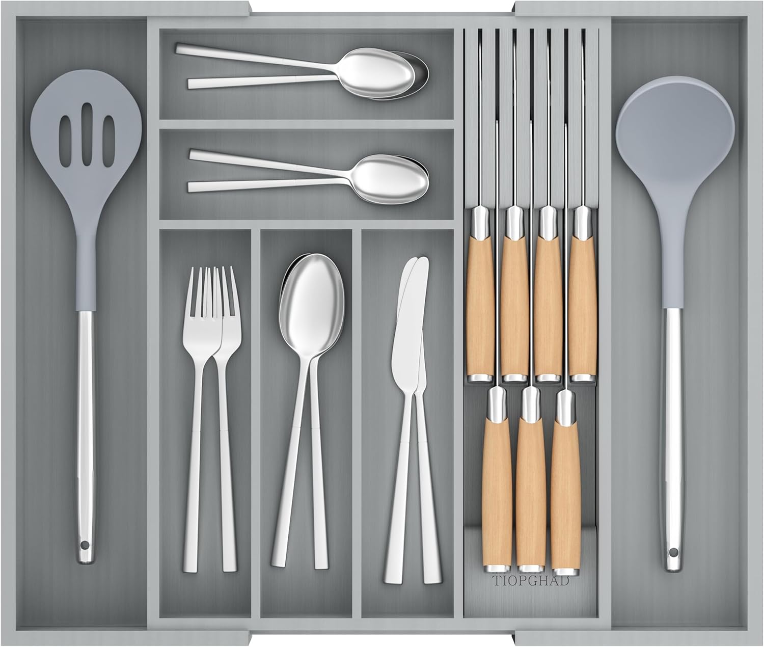 Bamboo Silverware Drawer Organizer with Detachable Knife Rack