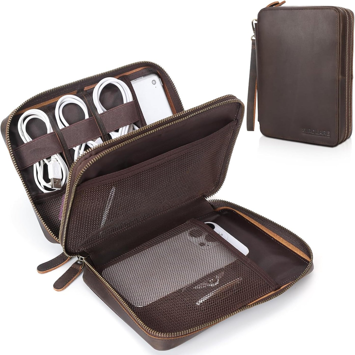 Polare Full Grain Leather Travel Cable Organizer Case for Tech
