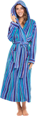 Womens Long Plush Hooded Robe in Blue Stripes - Extra Thick Cozy