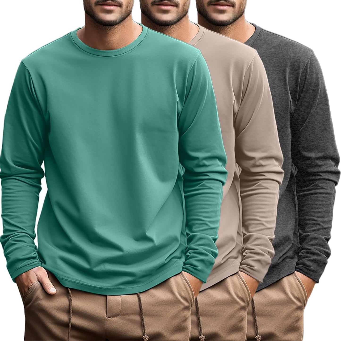 Ficerd 3 Pack Men's Big and Tall Long Sleeve Cotton Tees