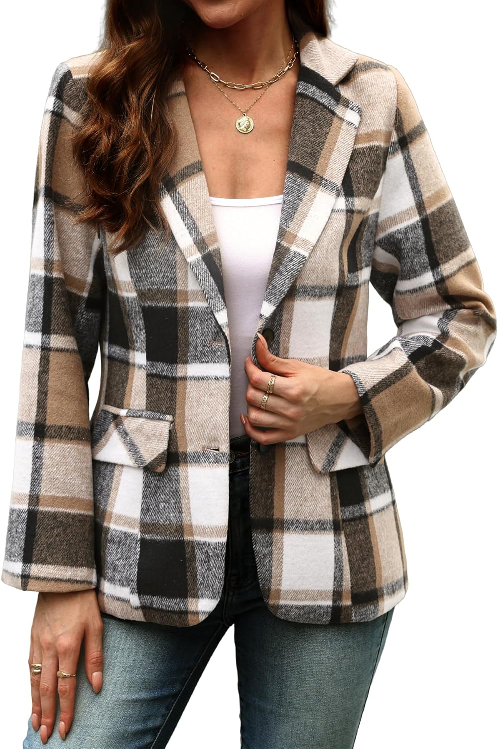 ELLEVEN Women's Lapel Collar Plaid Blazer for Stylish Workwear