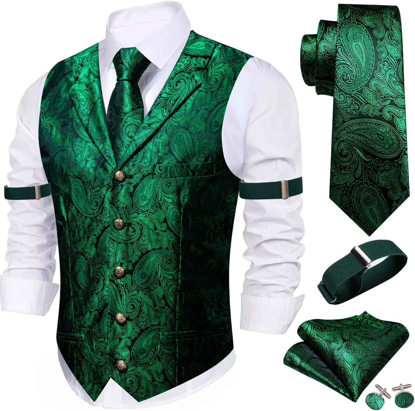 Barry.Wang Mens Silk Lapel Vest Tie Sleeve Holder Set