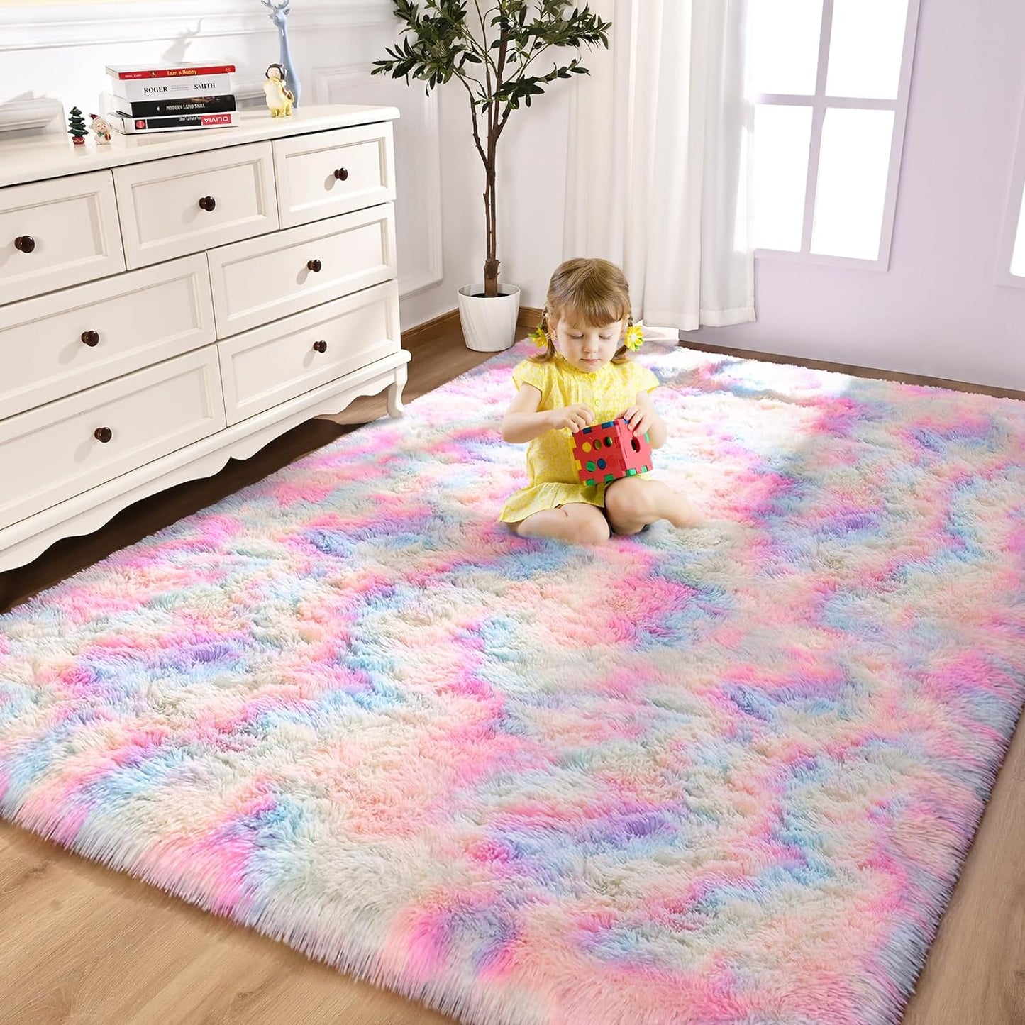 FlyDOIT 6x9 Feet Large Rainbow Shaggy Area Rug for Living Room