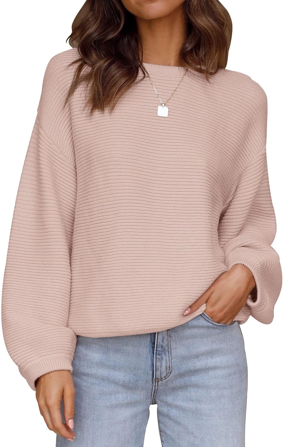 ZESICA Women's Crew Neck Lantern Sleeve Pullover Sweater Tops