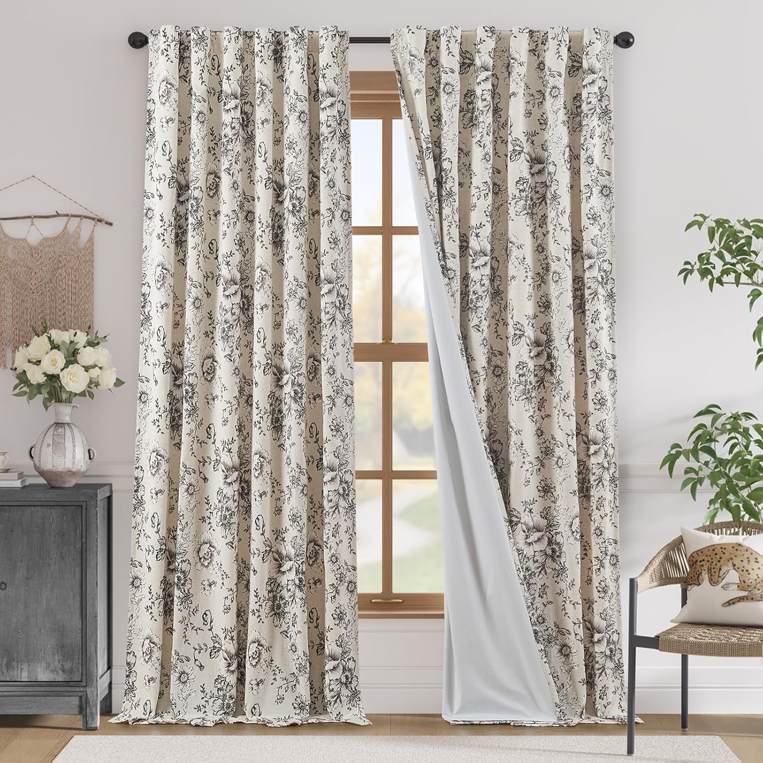 Floral Blackout Linen Blend Curtains for Living Room 96 Inch