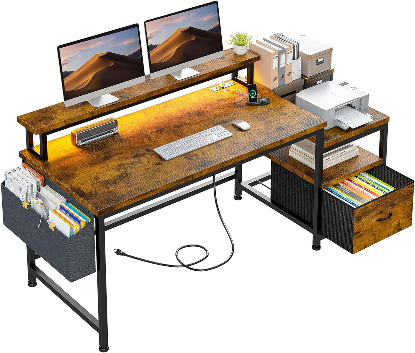 EnHomee 57 Computer Desk w/ File Drawers & Power Outlets