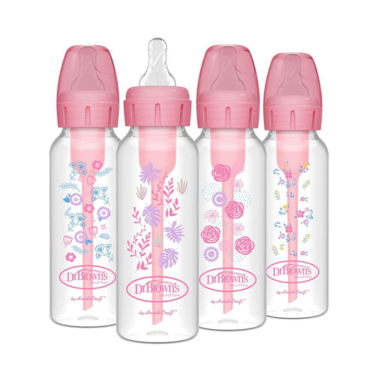 Dr. Brown's Anti-Colic Baby Bottles, Pink Floral, 8 oz, Level 1 Nipples, 4-Pack