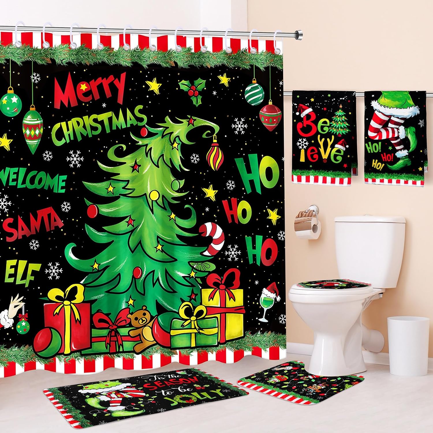 Holiday Cheer 6 Pc Bathroom Set - Waterproof, Non-Slip, Winter Decor