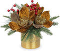 13 inch Brown Christmas Table Centerpiece with Glitter Magnolia