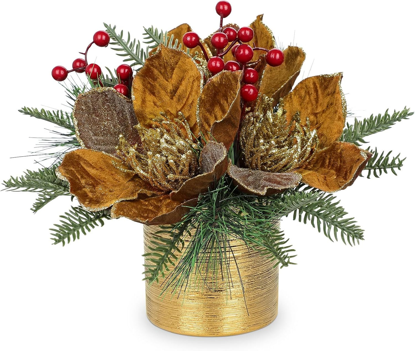 13 inch Brown Christmas Table Centerpiece with Glitter Magnolia