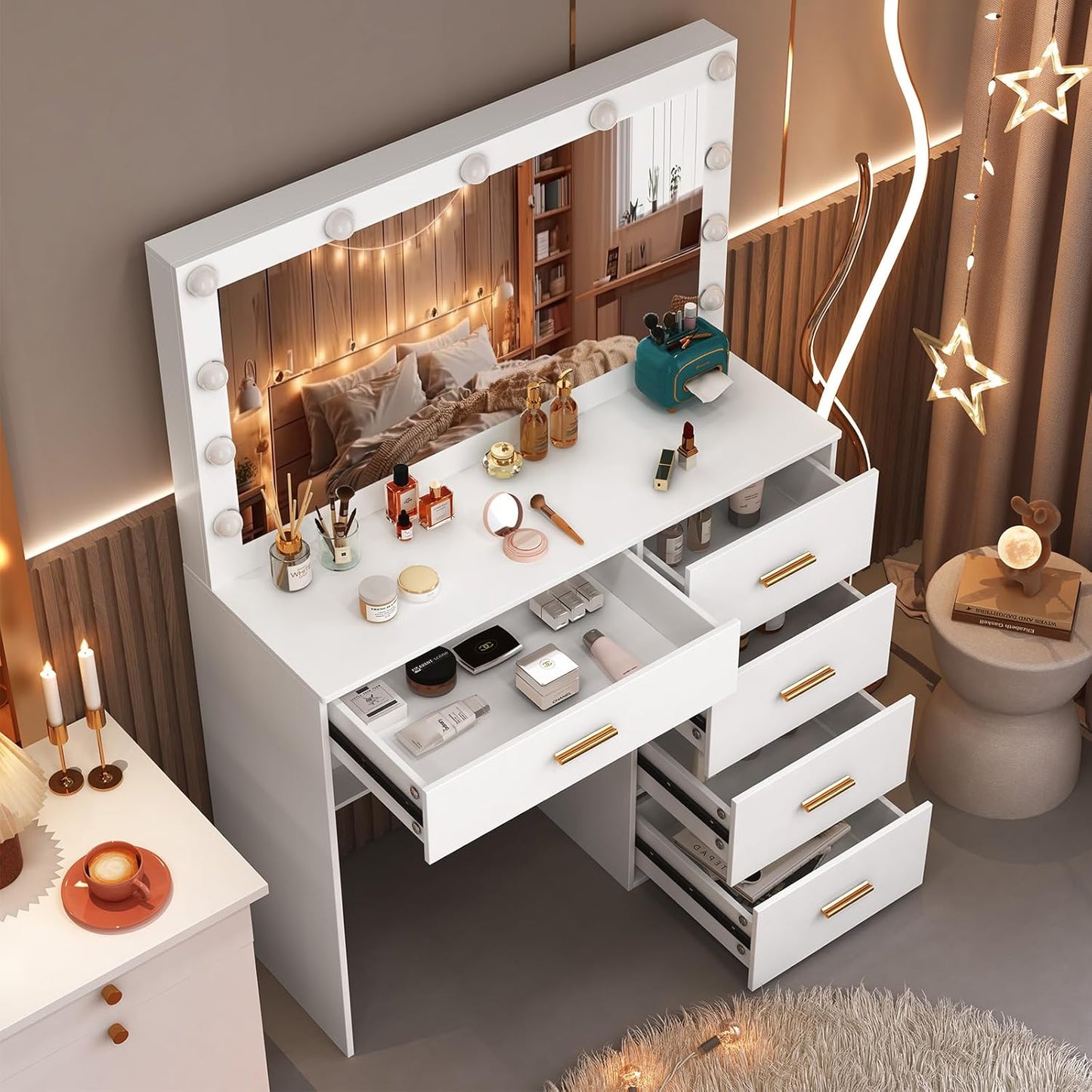 Koestem Vanity Desk with Lighted Mirror & Power Strip