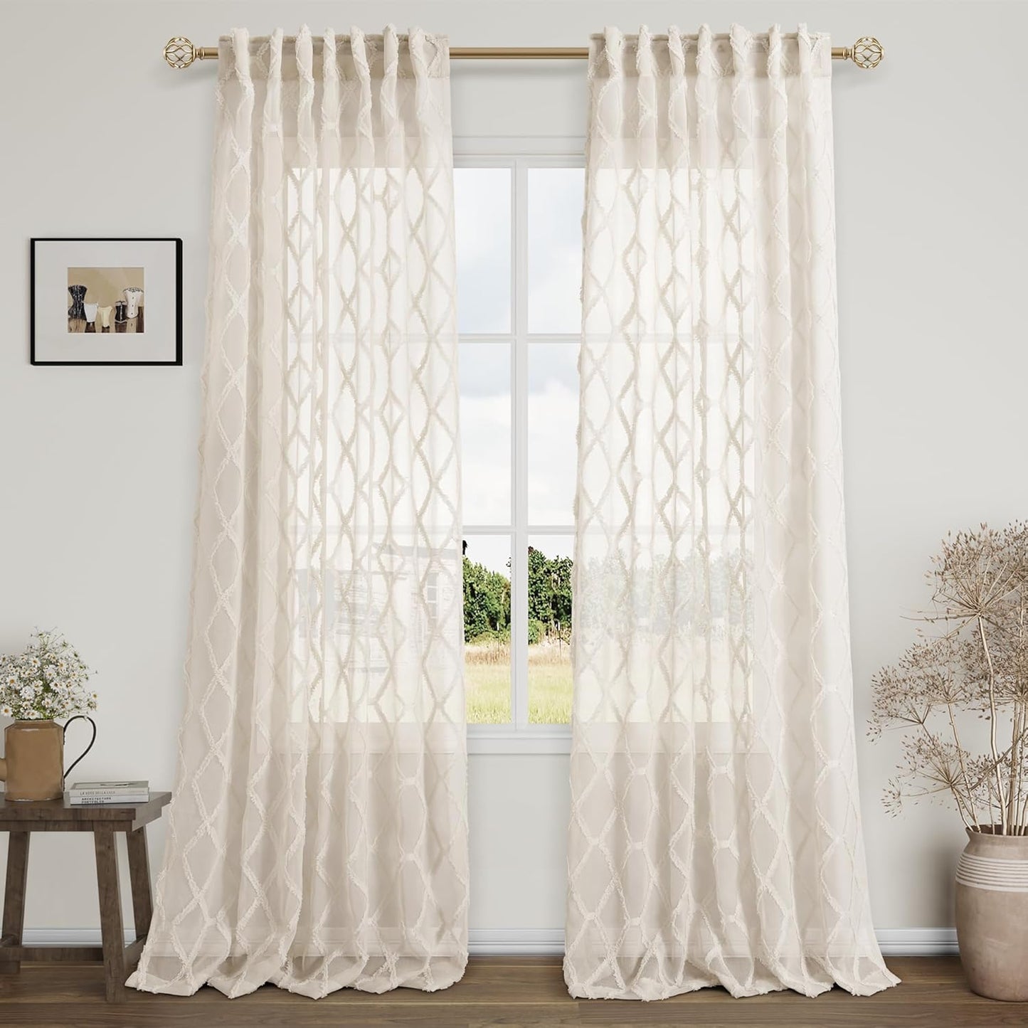 108 Inch Beige Sheer Curtains for Modern Boho Home Decor