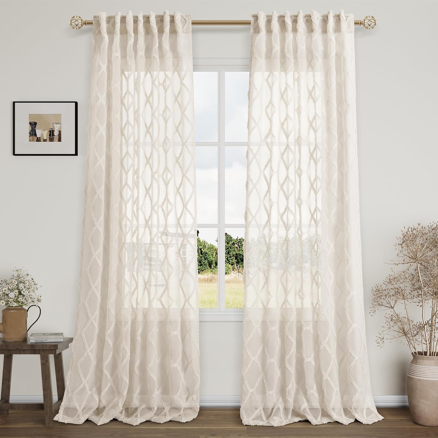 108 Inch Beige Sheer Curtains for Modern Boho Home Decor