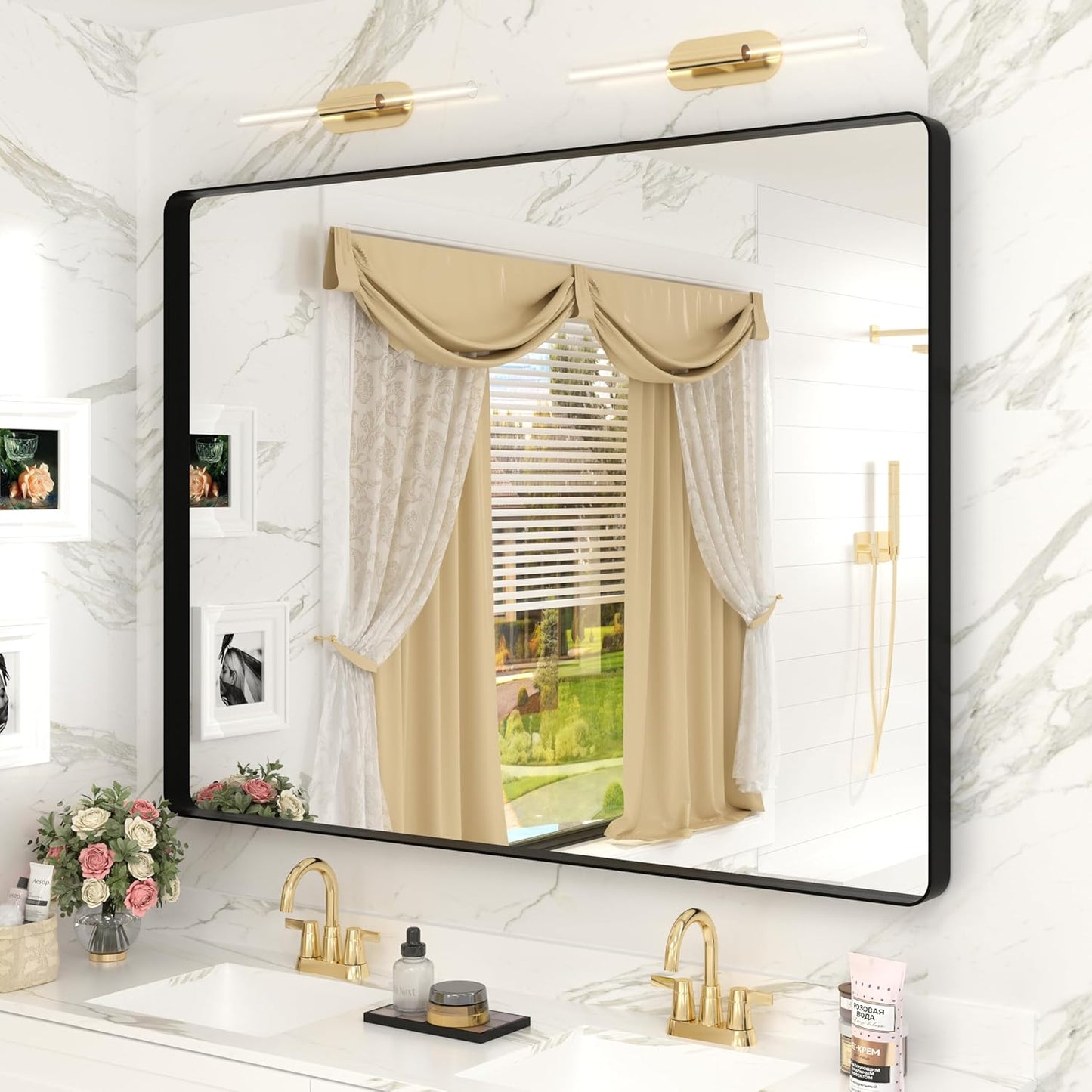 40x30 Black Bathroom Mirror with Durable Metal Frame Design